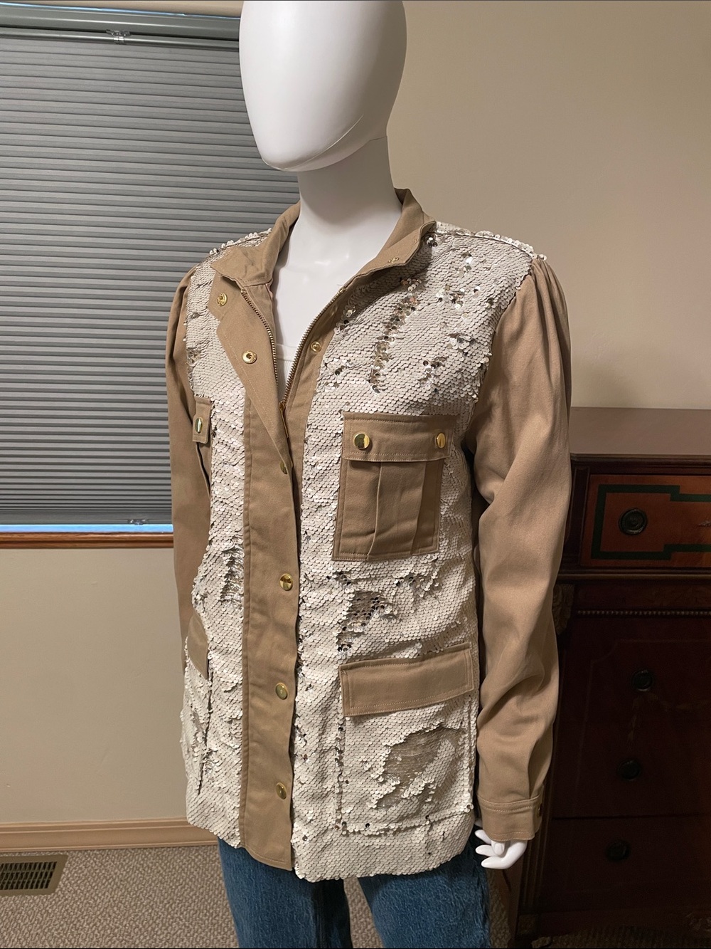 Boston Proper Tan Cotton Sequin Safari Glam Large Utility Jacket Gold Hardware
